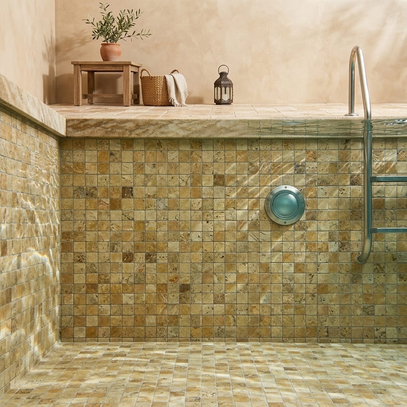Valencia Travertine 2x2 Tumbled Travertine Mosaic — Swimming Pool pool interior tiling