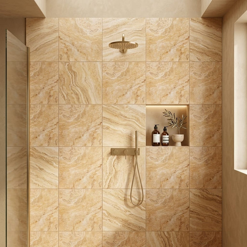 Valencia Travertine 24x24 Filled & Honed Travertine Tile — Bathroom shower wall