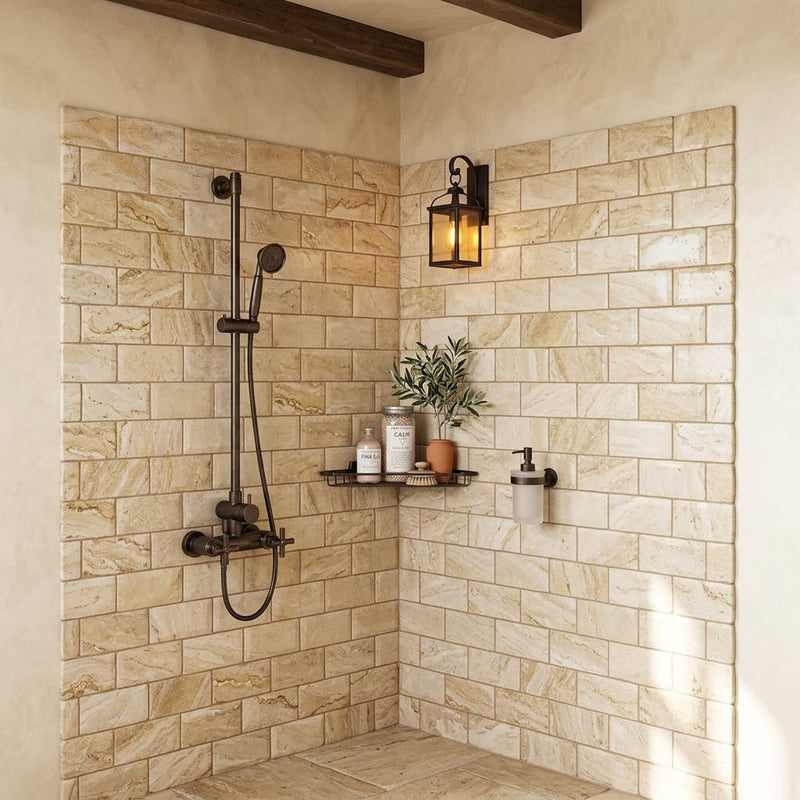 Valencia Travertine 3x6 Tumbled Travertine Tile — Bathroom shower wall