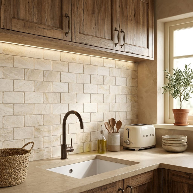 Valencia Travertine 3x6 Tumbled Travertine Tile — Kitchen backsplash