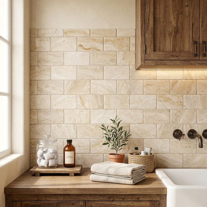 Valencia Travertine 3x6 Tumbled Travertine Tile — Laundry Room backsplash