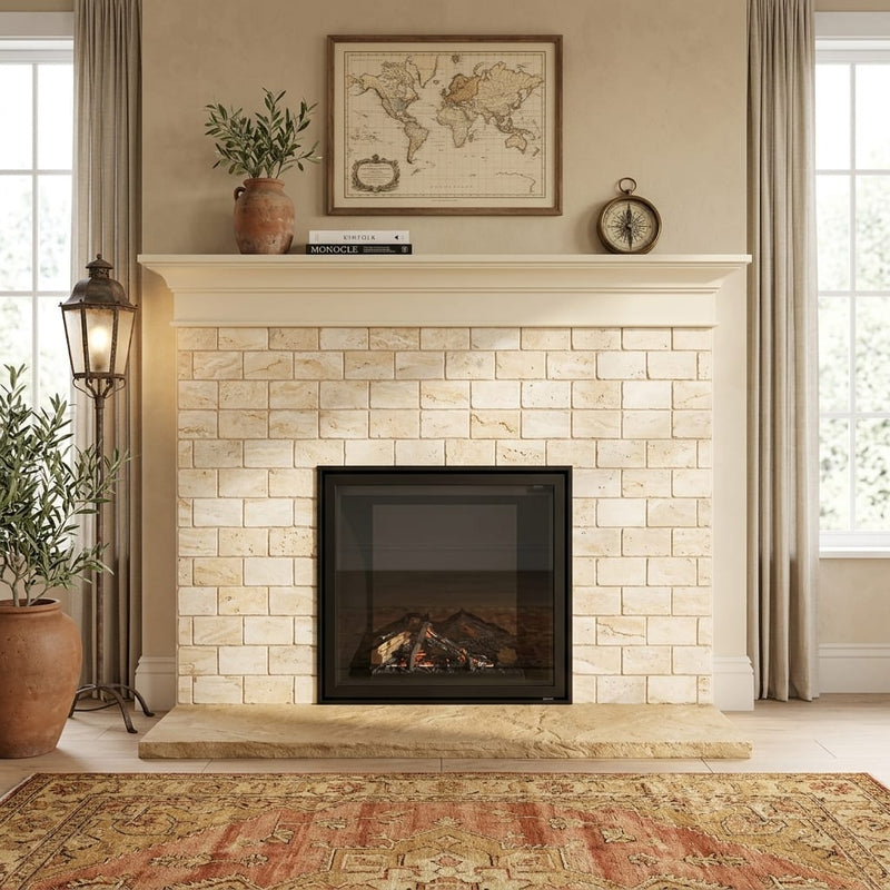Valencia Travertine 3x6 Tumbled Travertine Tile — Living Room fireplace surround