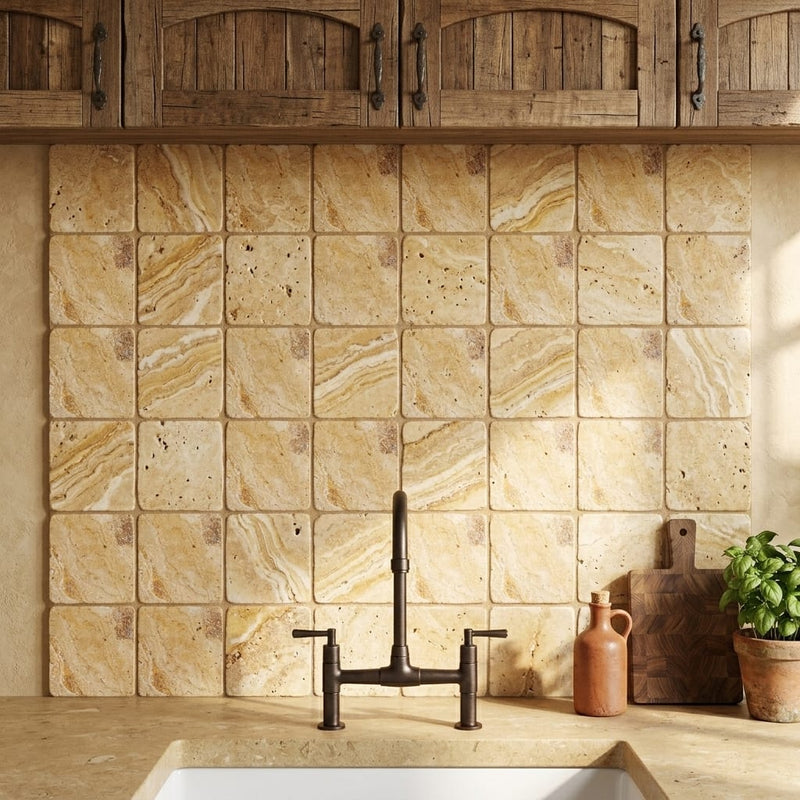 Valencia Travertine 4x4 Tumbled Travertine Tile — Kitchen backsplash