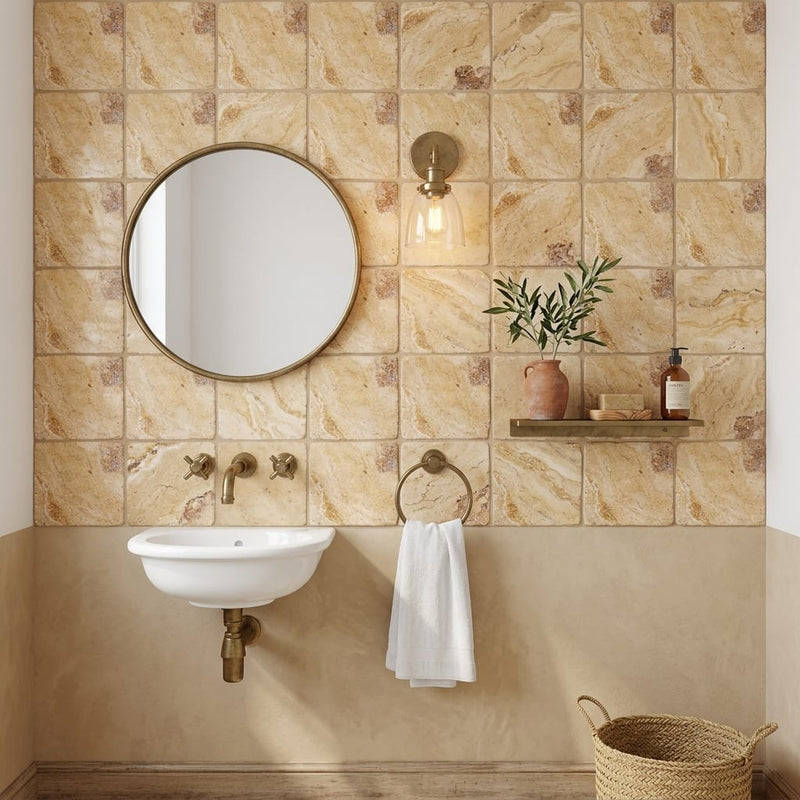 Valencia Travertine 4x4 Tumbled Travertine Tile — Powder Room wall