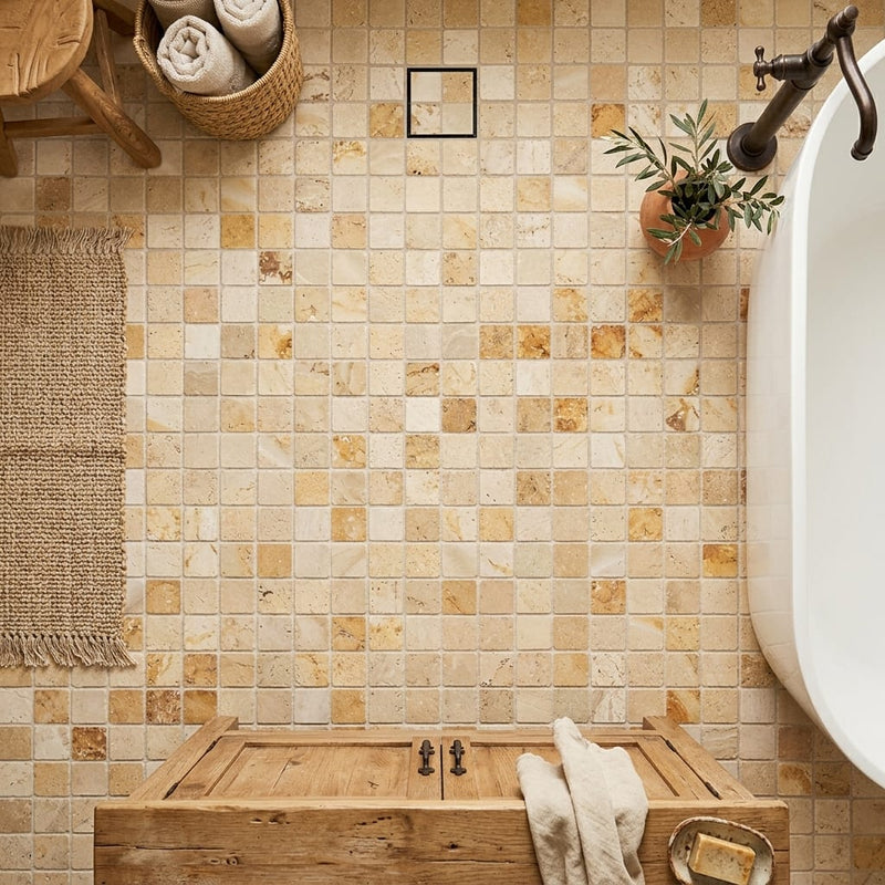 Valencia Travertine 5/8x5/8 Tumbled Travertine Mosaic — Bathroom floor
