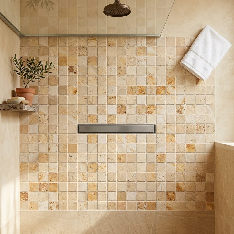 Valencia Travertine 5/8x5/8 Tumbled Travertine Mosaic — Bathroom shower floor