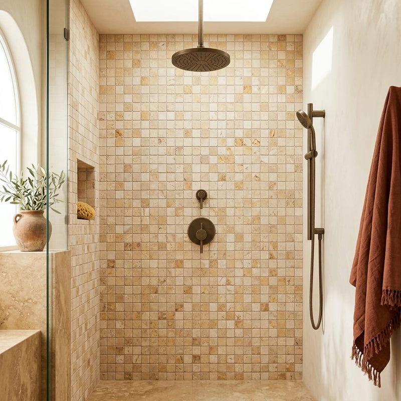 Valencia Travertine 5/8x5/8 Tumbled Travertine Mosaic — Bathroom shower wall