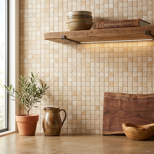Valencia Travertine 5/8x5/8 Tumbled Travertine Mosaic — Kitchen backsplash