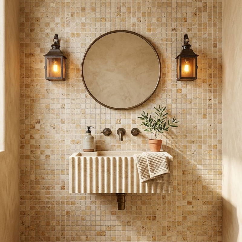 Valencia Travertine 5/8x5/8 Tumbled Travertine Mosaic — Powder Room wall