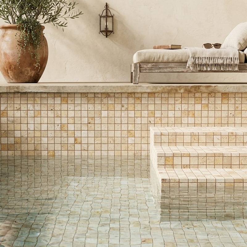 Valencia Travertine 5/8x5/8 Tumbled Travertine Mosaic — Swimming Pool pool interior tiling