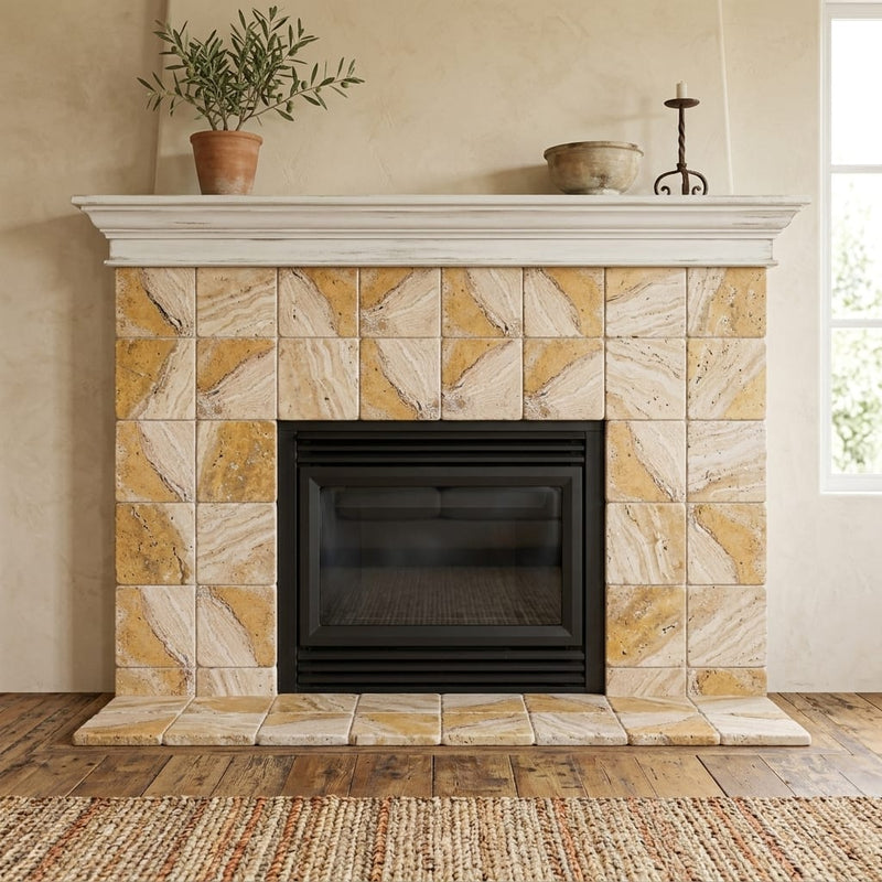 Valencia Travertine 6x6 Tumbled Travertine Tile — Living Room fireplace surround