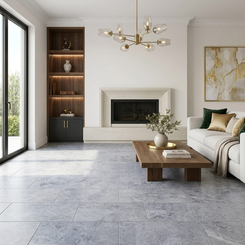 Valensa Gray Marble Tile 12x24 Honed — Living Room floor