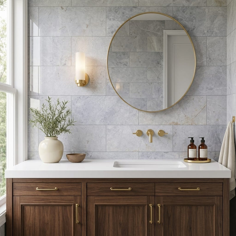 Valensa Gray Marble Tile 12x24 Polished — Bathroom vanity wall