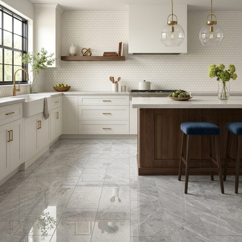 Valensa Gray Marble Tile 12x24 Polished — Kitchen floor