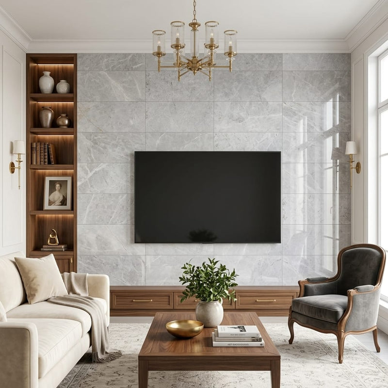 Valensa Gray Marble Tile 12x24 Polished — Living Room feature wall