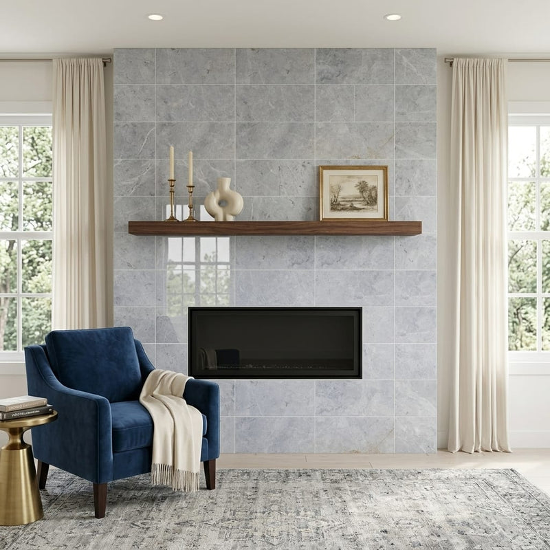 Valensa Gray Marble Tile 12x24 Polished — Living Room fireplace surround