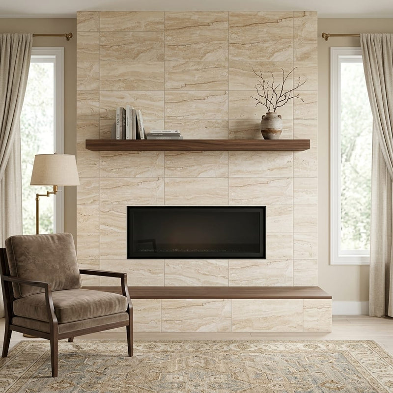 Valerenga Travertine 12x24 Filled & Honed Travertine Tile — Living Room fireplace surround