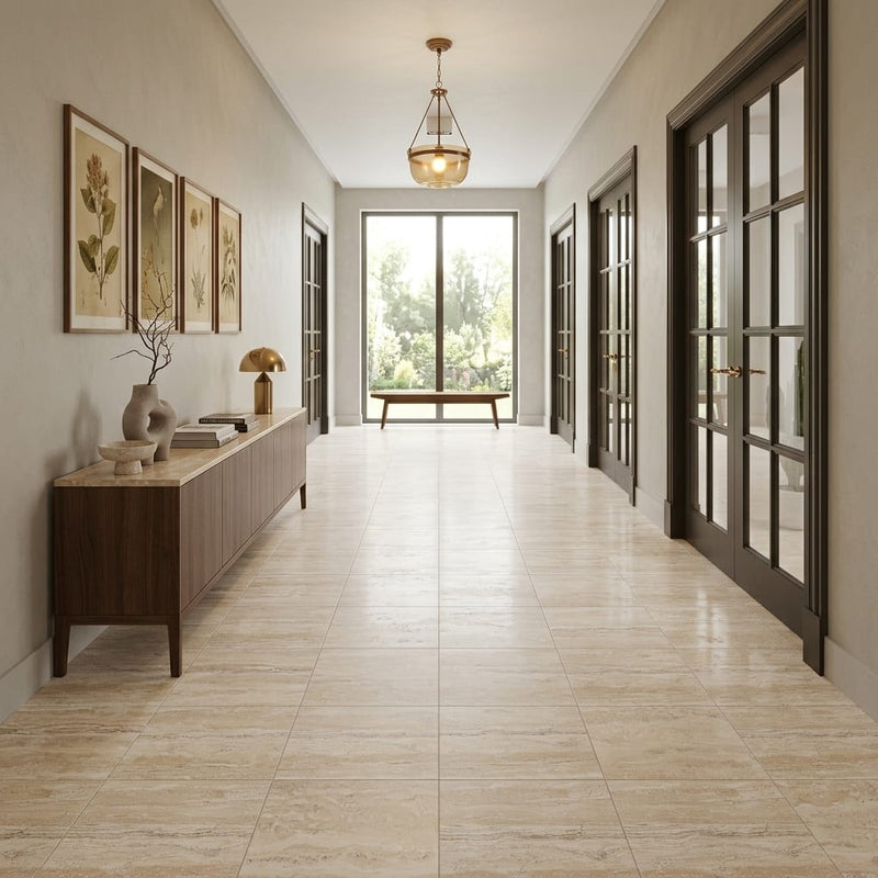 Valerenga Travertine 18x18 Filled & Honed Travertine Tile — Hallway floor