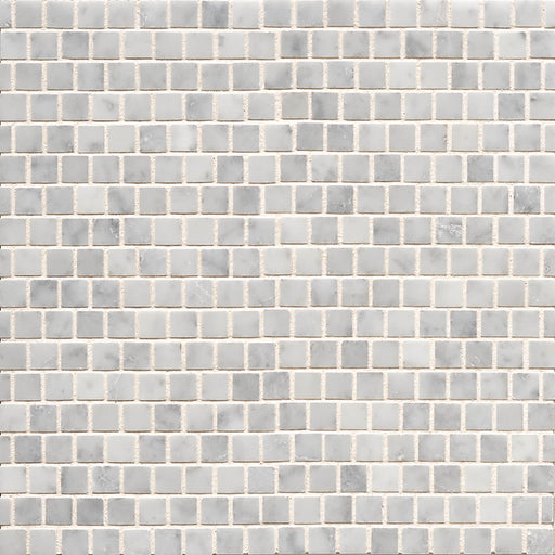 Vanity Dont Hate Me Carrera 12x12 marble mosaic with 5/8-inch white and light gray square tiles in an offset pattern.