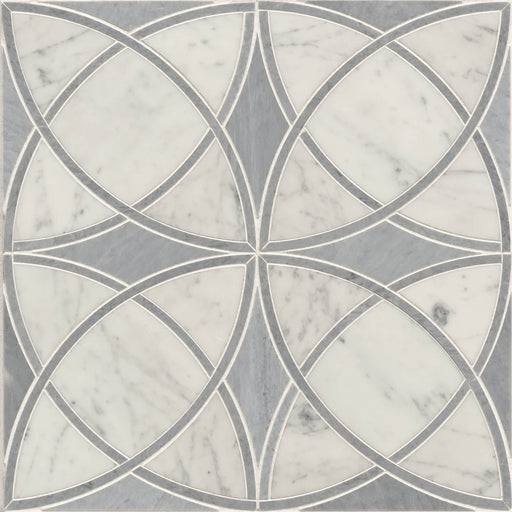 Vanity Dont Hate Me Carrera/Bardiglio 12x12 Gothic marble mosaic with interlocking white and gray curved marble pieces.