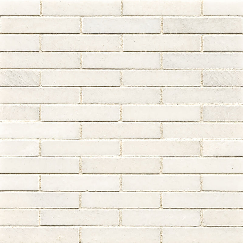White Thassos marble mosaic with 3/4x4-inch rectangular tiles in a horizontal offset pattern.