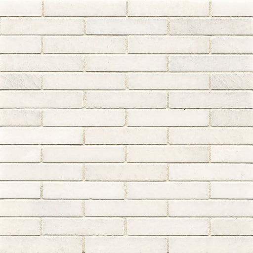 White Thassos marble mosaic with 3/4x4-inch rectangular tiles in a horizontal offset pattern.