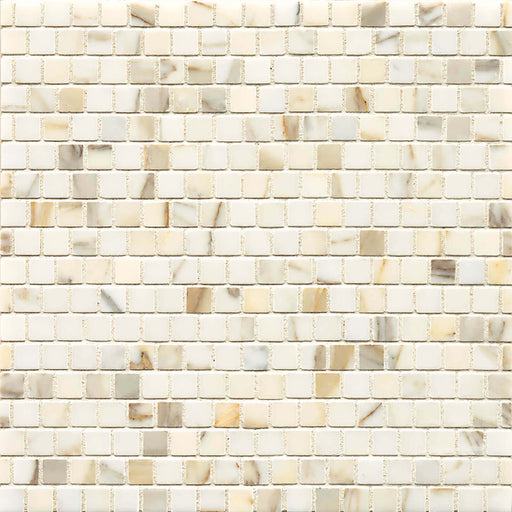 Vanity Youre So Vain Calacatta 12x12 marble mosaic with 5/8-inch offset chips and ivory, gray, and gold veining.