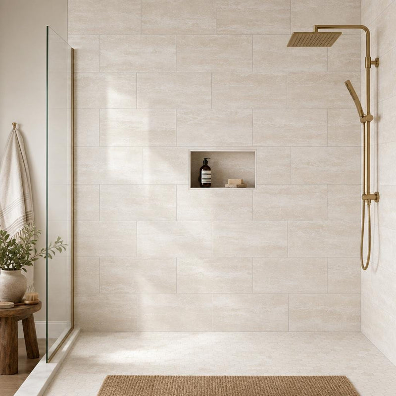 Vein Cut Travertine Classico 12x24 Honed Filled Tile — Bathroom shower wall