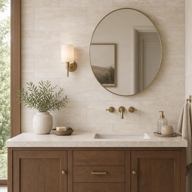 Vein Cut Travertine Classico 12x24 Honed Filled Tile — Bathroom vanity wall
