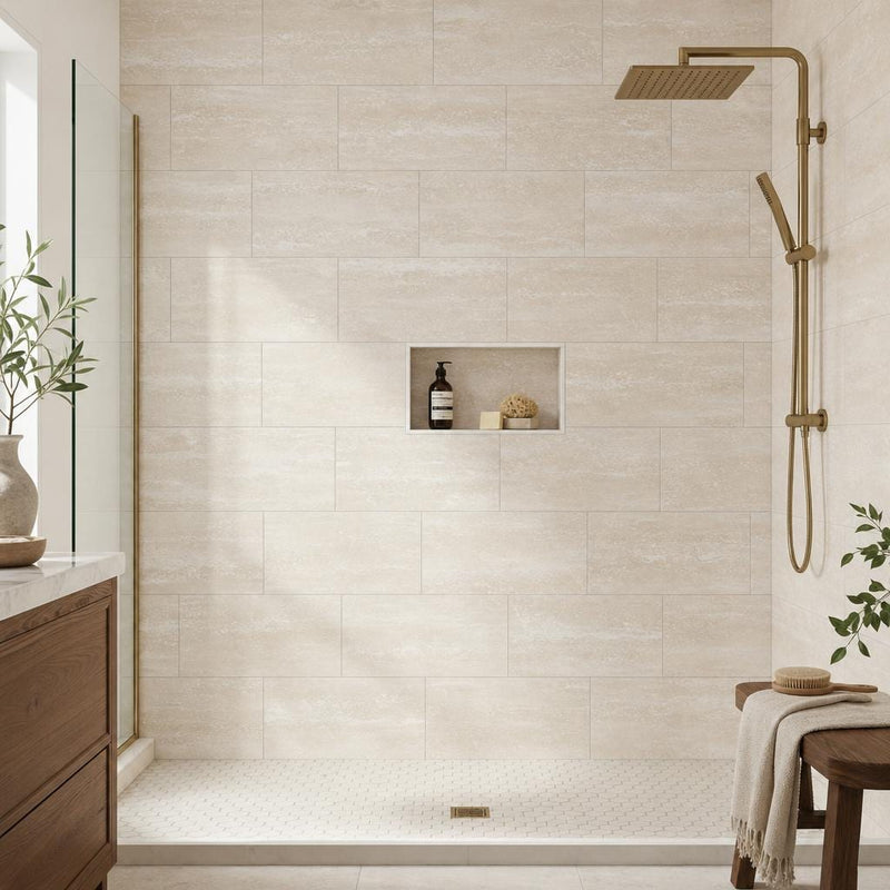 Vein Cut Travertine Classico 12x24 Polished Filled Tile — Bathroom shower wall
