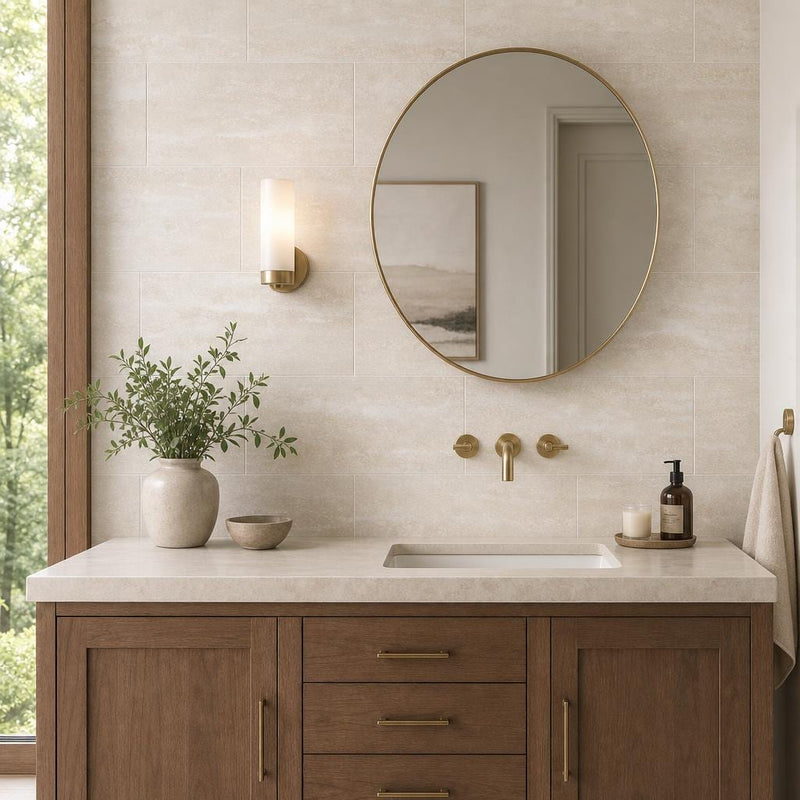 Vein Cut Travertine Classico 12x24 Polished Filled Tile — Bathroom vanity wall