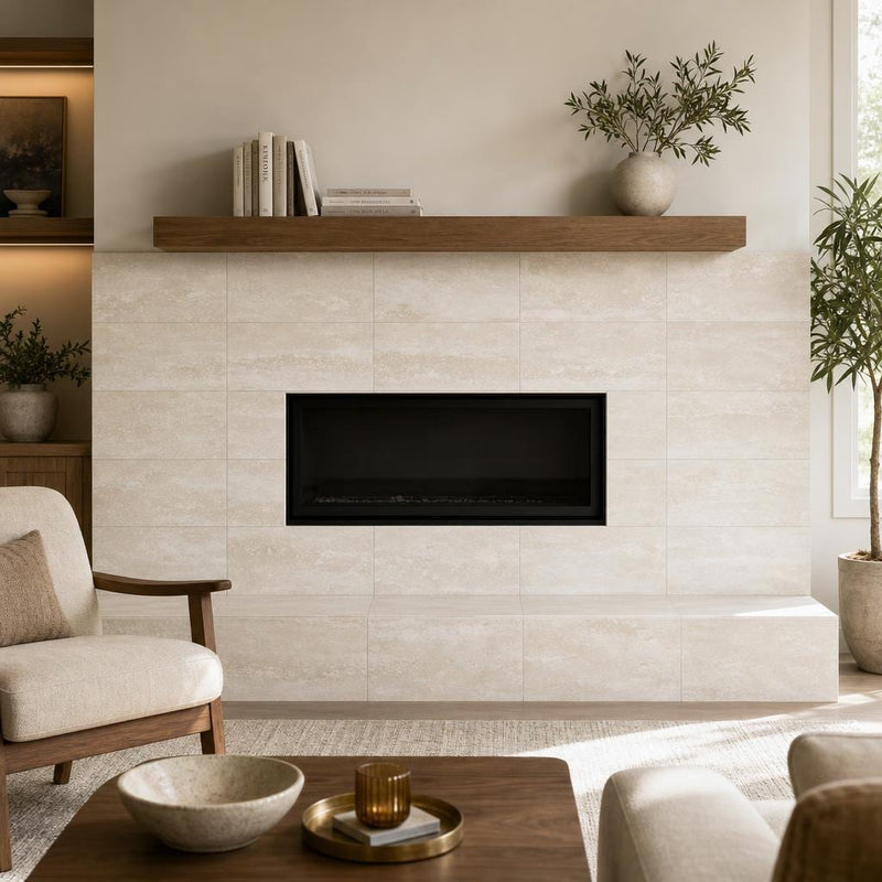 Vein Cut Travertine Classico 12x24 Polished Filled Tile — Living Room fireplace surround