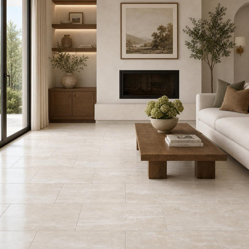 Vein Cut Travertine Classico 12x24 Polished Filled Tile — Living Room floor
