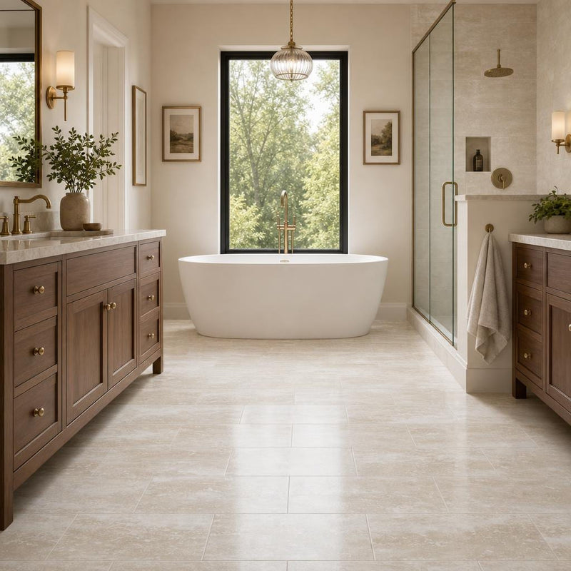 Vein Cut Travertine Classico 12x24 Polished Filled Tile — Primary Bath floor