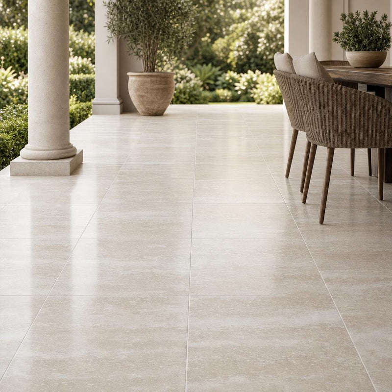 Vein Cut Travertine Classico 18x18 Polished Filled Tile — Covered Patio floor