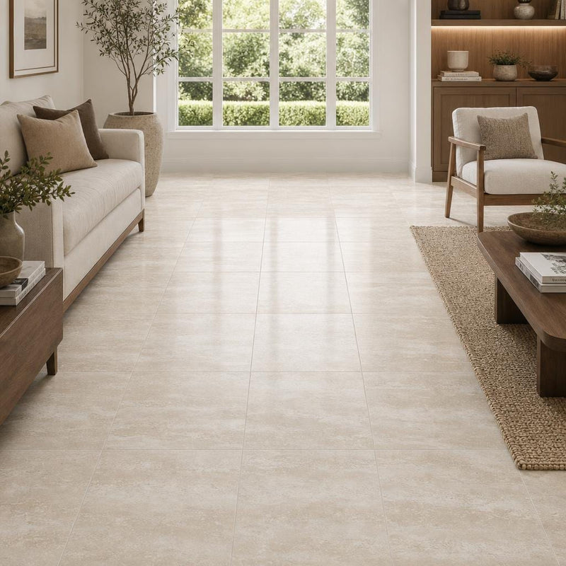 Vein Cut Travertine Classico 18x18 Polished Filled Tile — Family Room floor