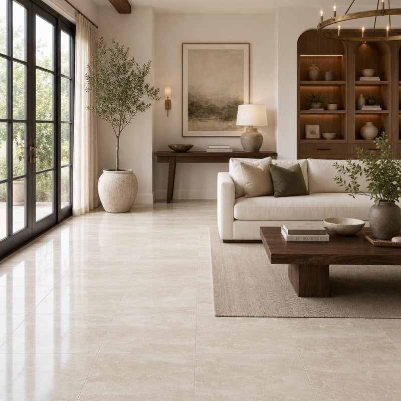 Vein Cut Travertine Classico 18x18 Polished Filled Tile — Living Room floor