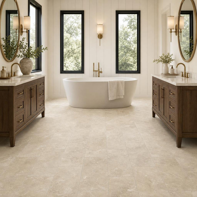 Vein Cut Travertine Ivory 12x24 Honed Filled Tile — Bathroom floor