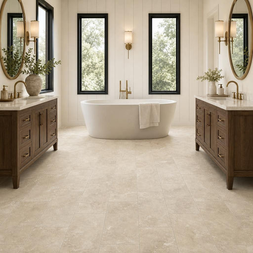 Vein Cut Travertine Ivory 12x24 Honed Filled Tile — Bathroom floor