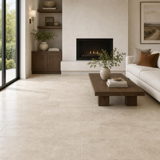 Vein Cut Travertine Ivory 12x24 Honed Filled Tile — Living Room floor