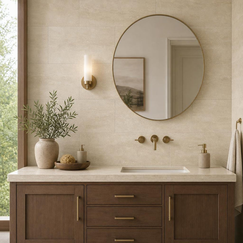 Vein Cut Travertine Ivory 12x24 Polished Filled Tile — Bathroom vanity wall