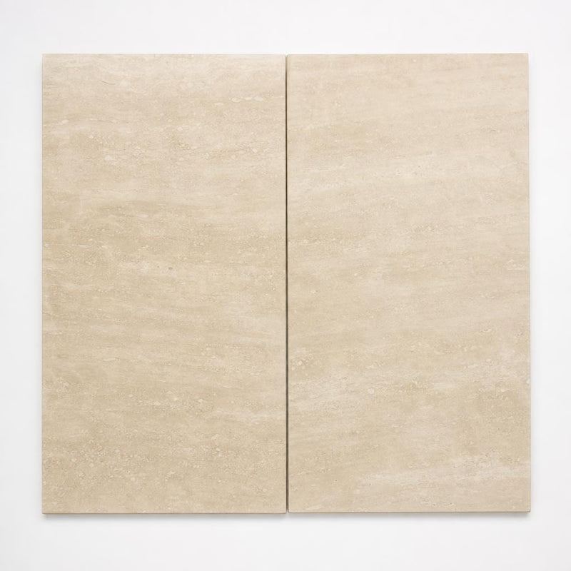 Vein Cut Travertine Ivory 12x24 Polished Filled Tile close-up