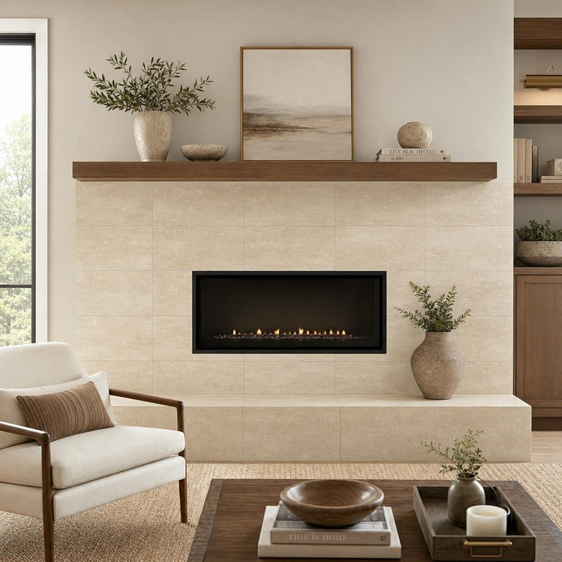 Vein Cut Travertine Ivory 12x24 Polished Filled Tile — Living Room fireplace surround
