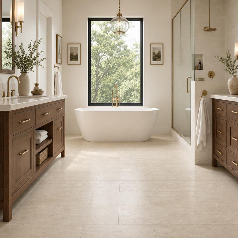 Vein Cut Travertine Ivory 12x24 Polished Filled Tile — Primary Bath floor