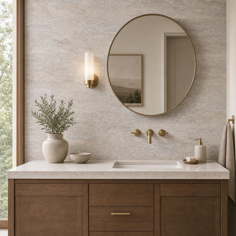 Vein Cut Travertine Silver 12x24 Honed Filled Tile — Bathroom vanity wall