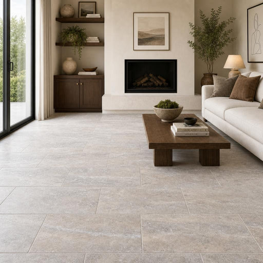 Vein Cut Travertine Silver 12x24 Honed Filled Tile — Living Room floor