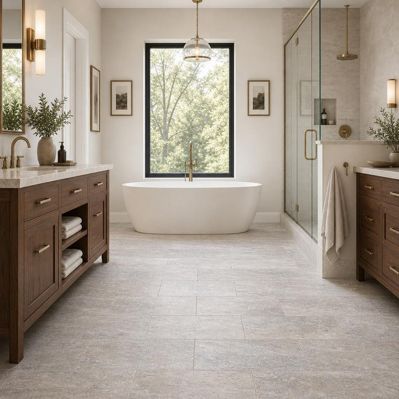 Vein Cut Travertine Silver 12x24 Honed Filled Tile — Primary Bath floor