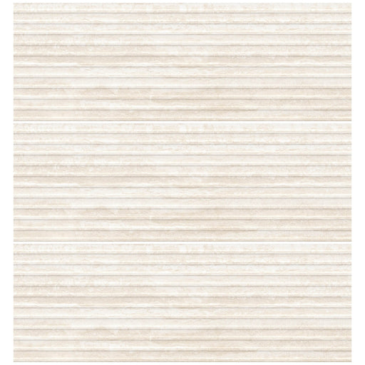 Three Bianco Dorica 3D deco tiles with ivory travertine-effect veining and pronounced parallel raised horizontal ridges.