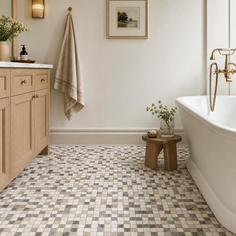 Veined Marble Mix 5/8x5/8 12x12 Sheet Natural Mosaic — Bathroom floor