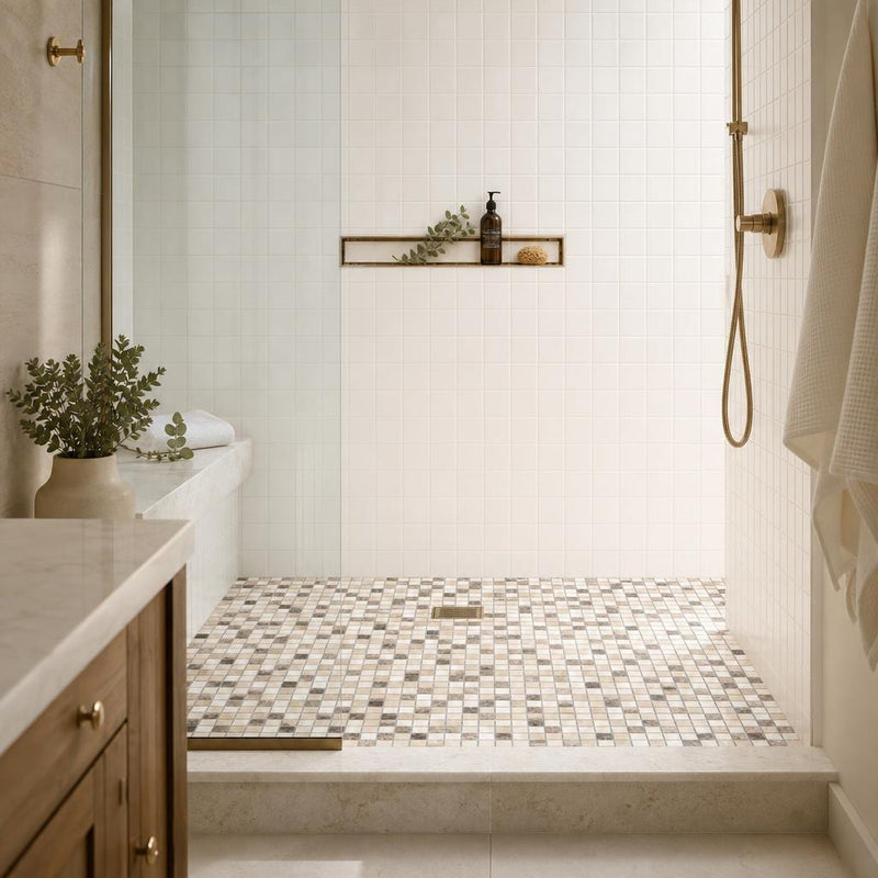 Veined Marble Mix 5/8x5/8 12x12 Sheet Natural Mosaic — Bathroom shower floor